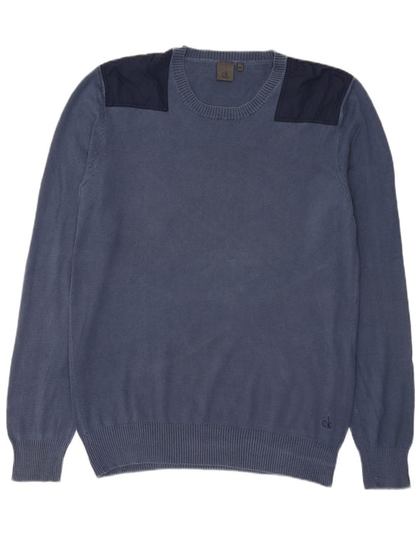 Calvin Klein Mens Crew Neck Jumper Sweater 2XL Navy Blue Colourblock Cotton