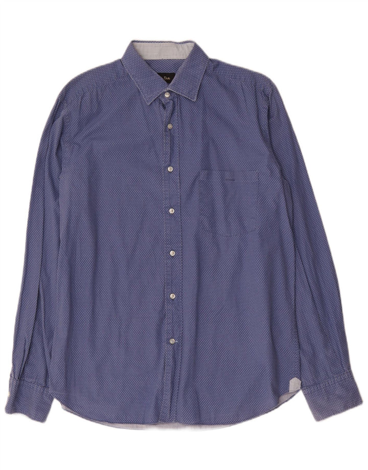 Massimo Dutti Herren-Slim-Fit-Hemd, groß, blau, gepunktet, Baumwolle
