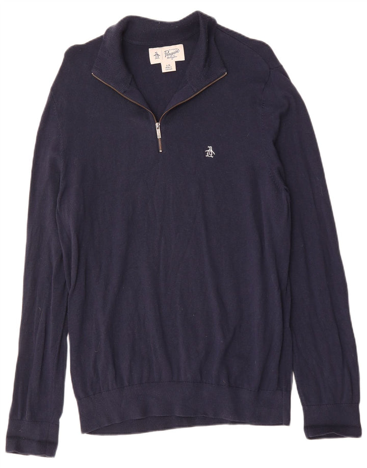 Penguin Herren-Pullover mit Reißverschluss am Hals, groß, aus marineblauer Baumwolle