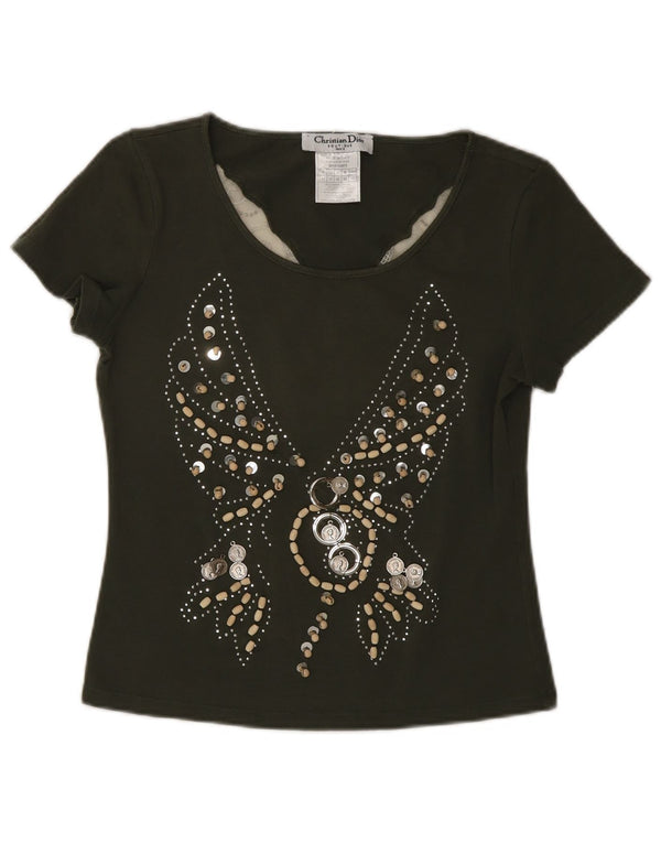 Christian Dior Damen Grafik-T-Shirt-Oberteil UK 14 Medium Khaki Butterfly