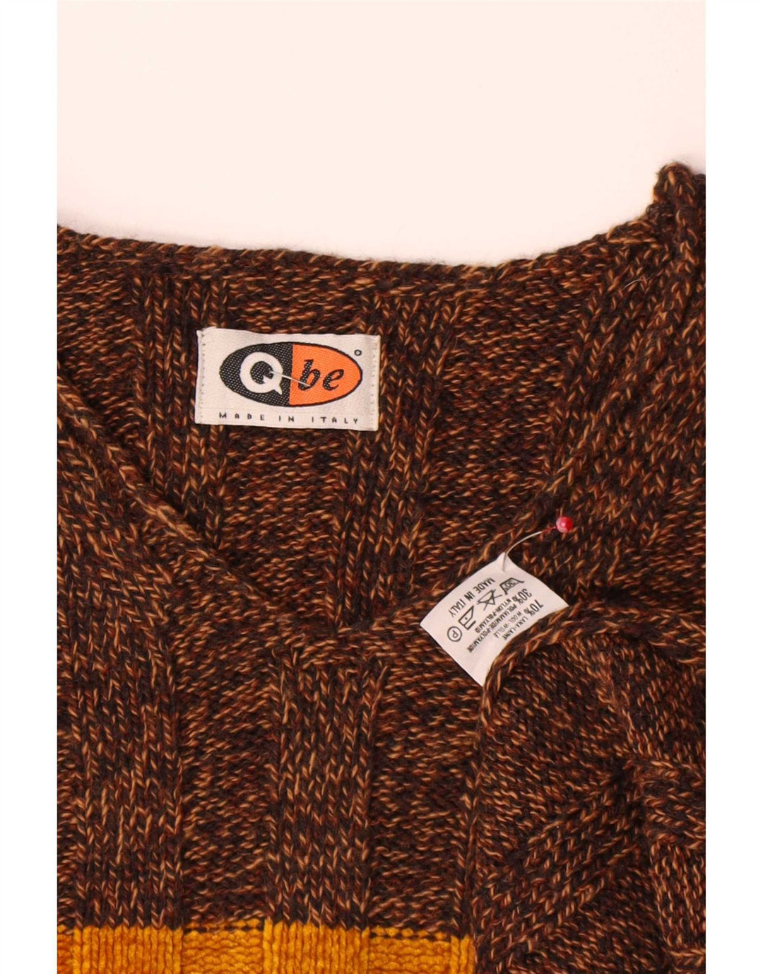 Vintage Herren-Pullover mit V-Ausschnitt, große braune Wolle in Blockfarben