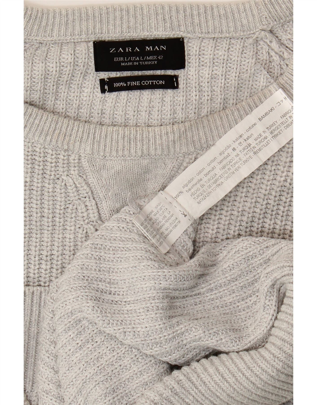 ZARA Herren-Pullover mit Rundhalsausschnitt, groß, graue Baumwolle
