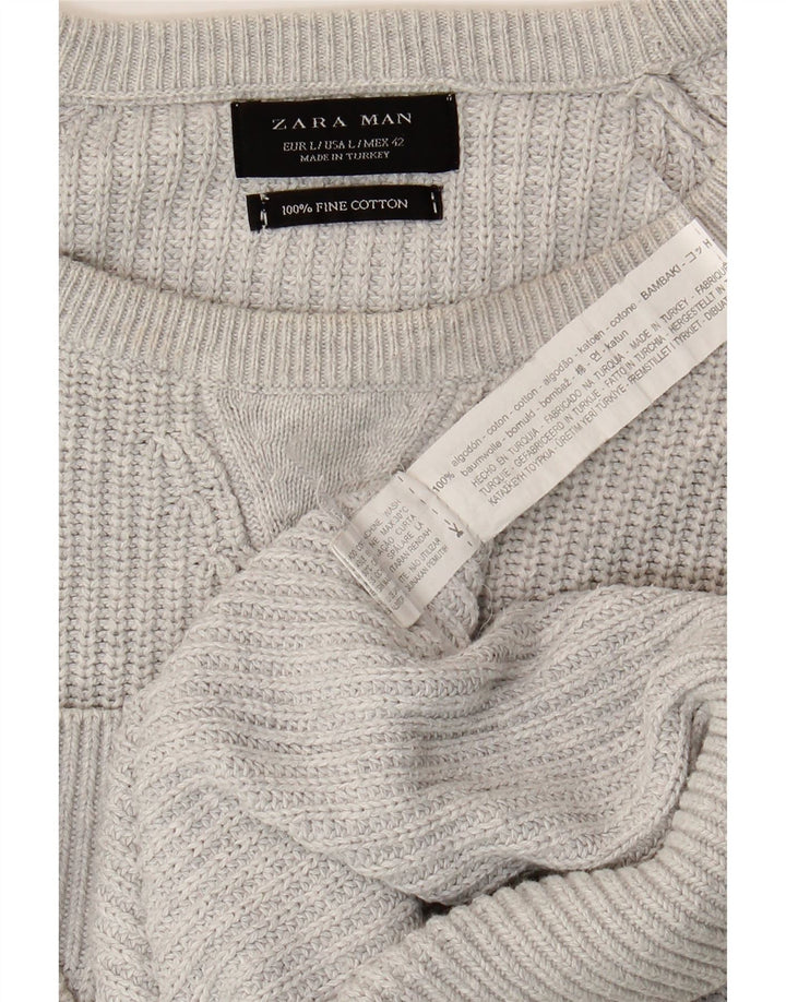 ZARA Herren-Pullover mit Rundhalsausschnitt, groß, graue Baumwolle