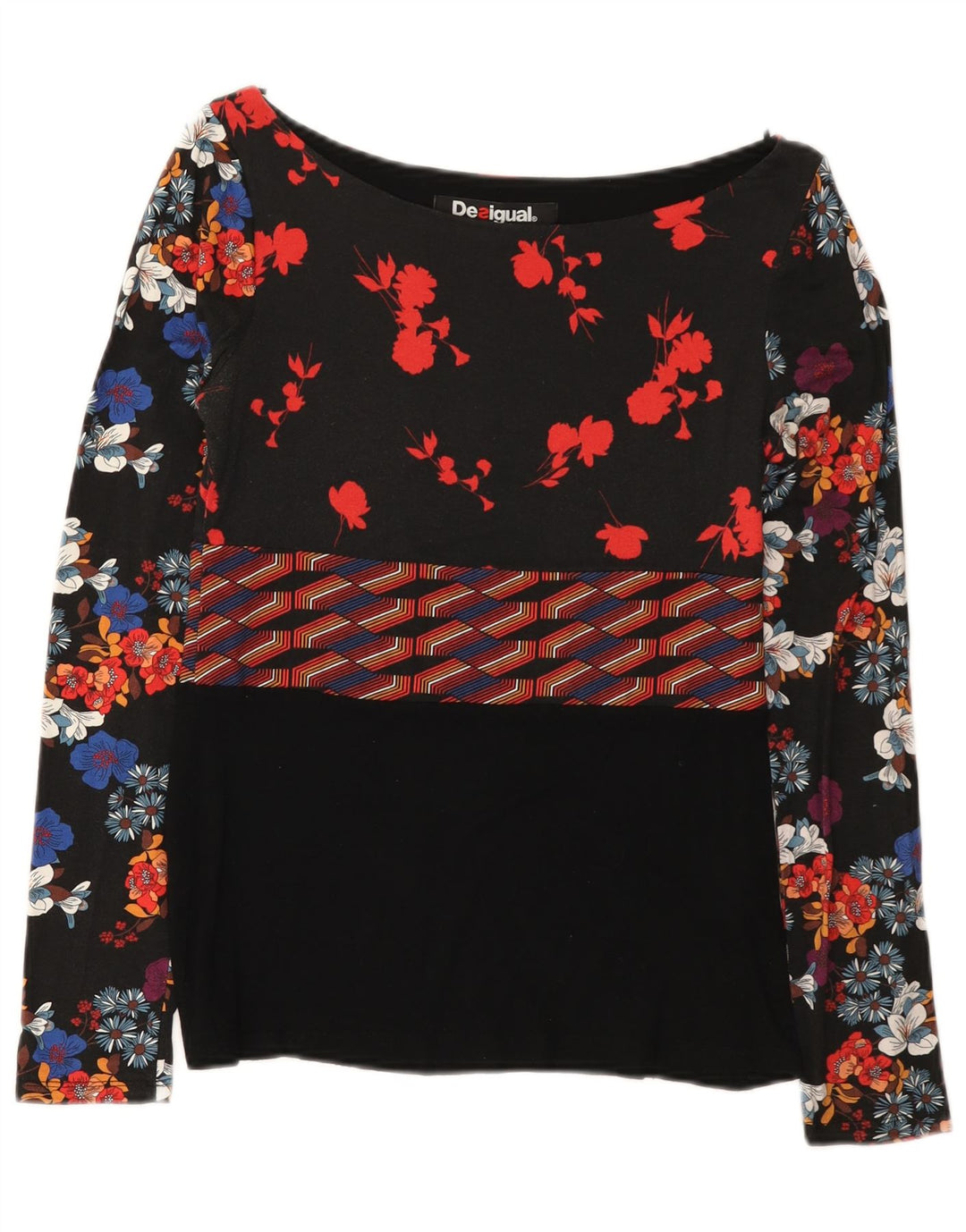 Desigual Damen Top Langarm UK 12 Mittelschwarze Viskose mit Blumenmuster
