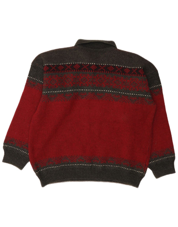 Vintage Mens Polo Neck Jumper Sweater Large Red Fair Isle Wool