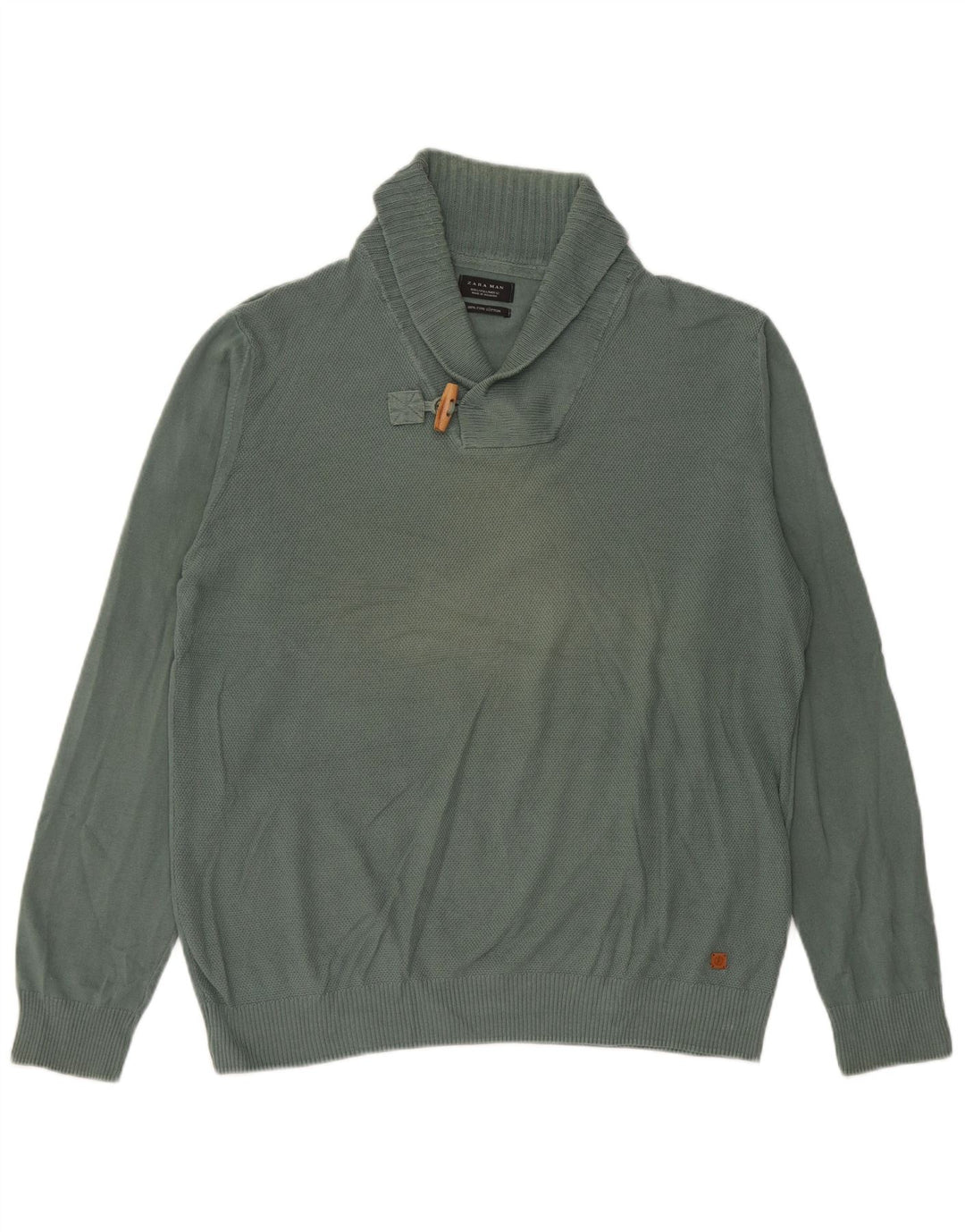 Zara Herren-Pullover mit Schalkragen, groß, grüne Baumwolle