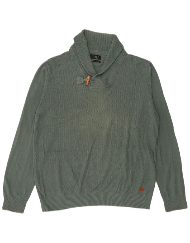 Zara Herren-Pullover mit Schalkragen, groß, grüne Baumwolle