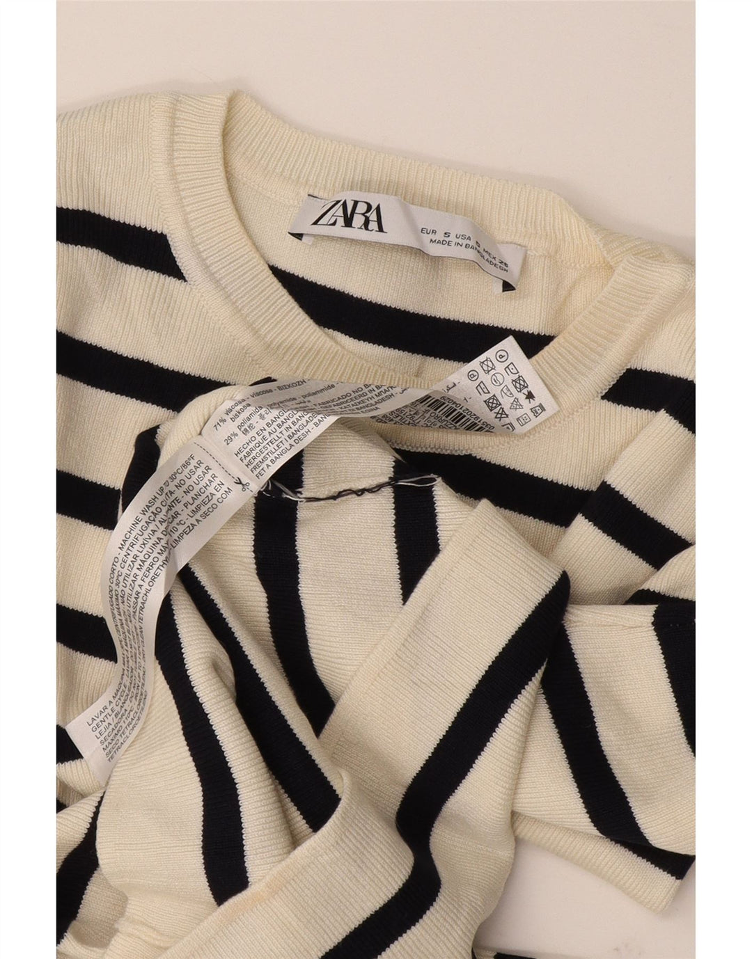 Zara Damen Crop Top Langarm UK 8 Small Weiß gestreifte Viskose