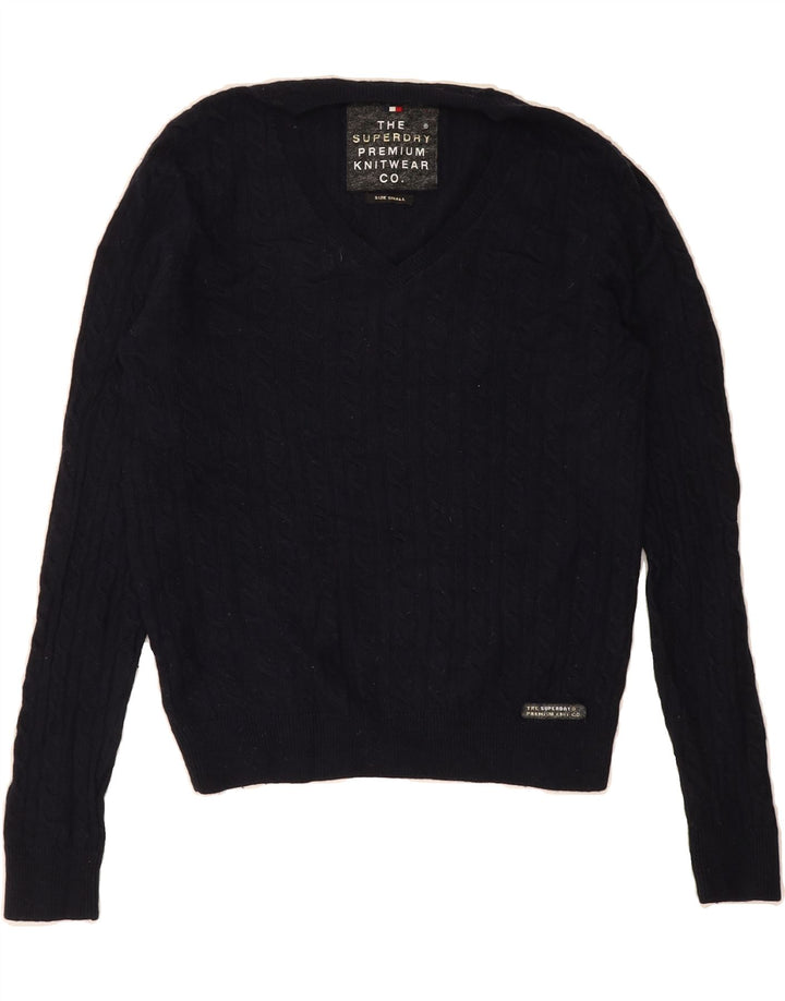 SUPERDRY Womens V-Neck Jumper Sweater UK 10 Small Navy Blue Wool Vintage Superdry and Second-Hand Superdry from Messina Hembry 