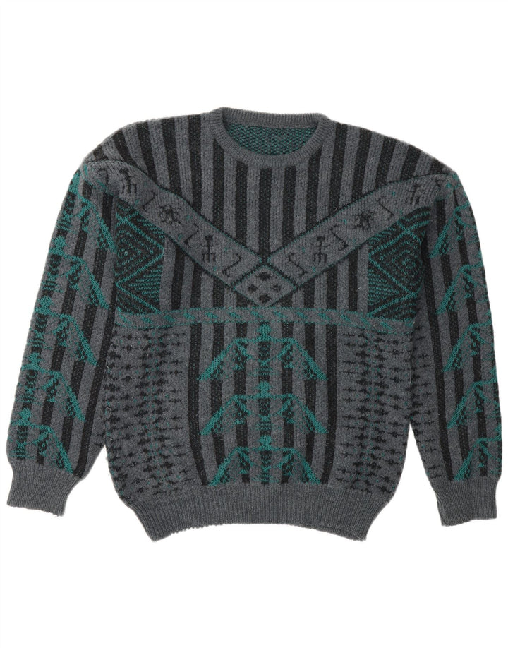 Vintage Herren Pullover mit Rundhalsausschnitt, mittelgrau, gestreift, Retro