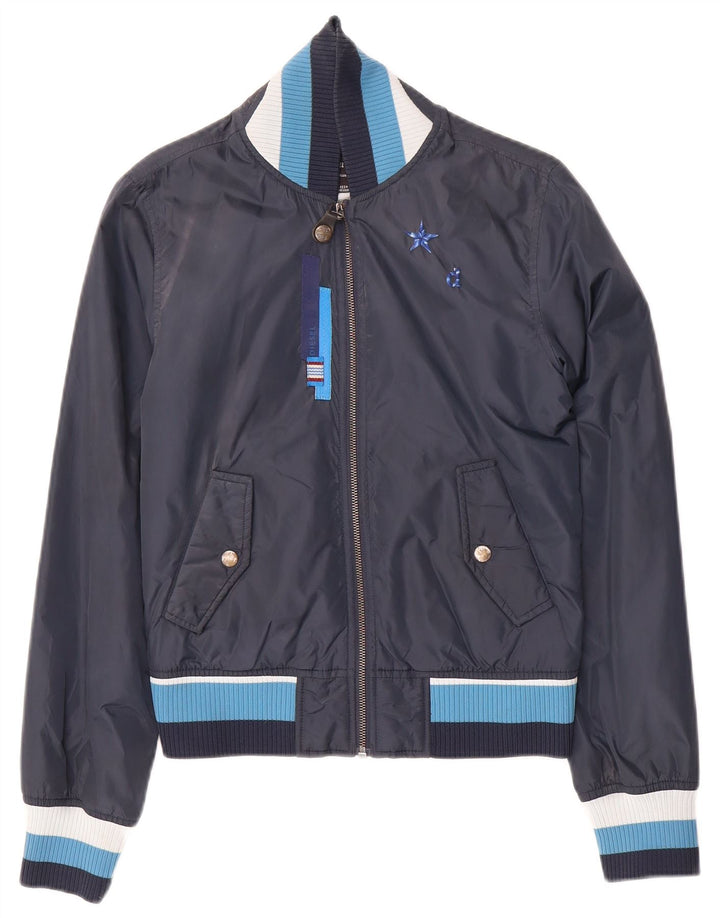 DIESEL Mens Graphic Bomber Jacket UK 36 Small Navy Blue Colourblock Nylon