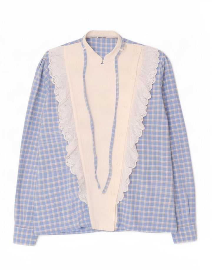 Vintage Damen Hemd mit Rüschen vorne, UK 16, groß, blau kariert