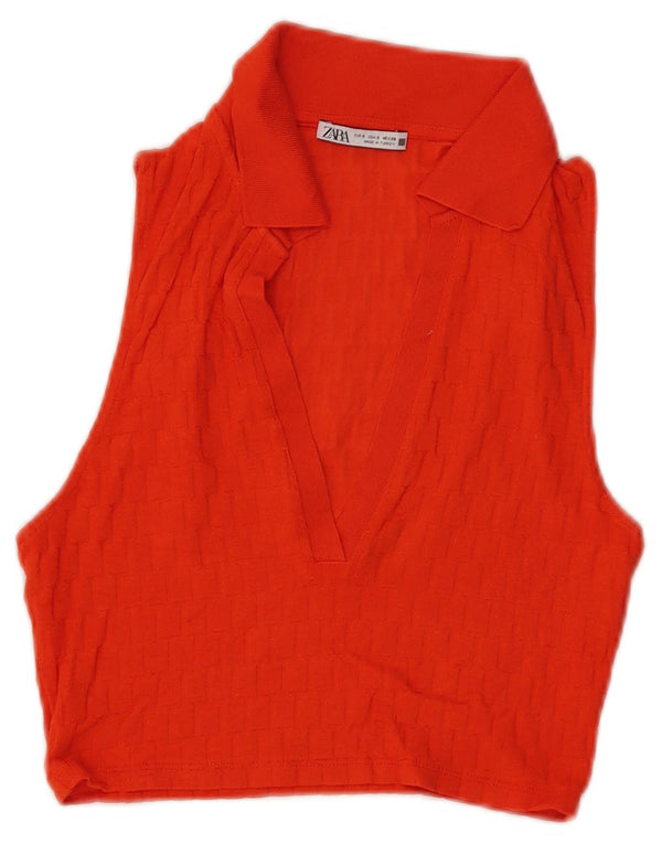 Zara Damen Crop Ärmelloses Poloshirt UK 8 Small Orange