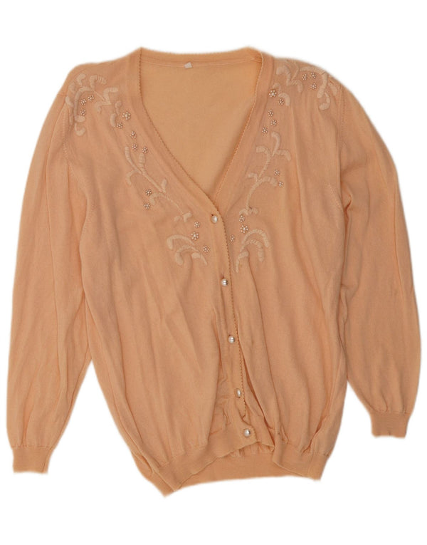Vintage Damen Cardigan Pullover UK 14 Medium Beige Floral Merinowolle