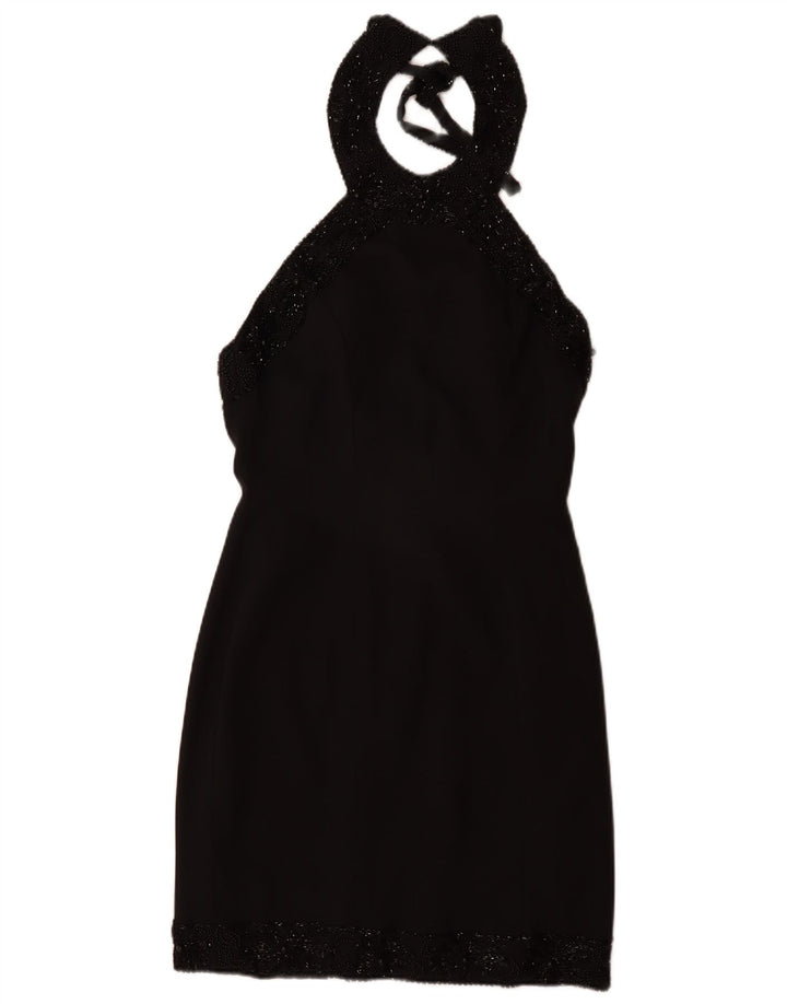 VINTAGE Damen Neckholder-Kleid UK 12 Medium Schwarz