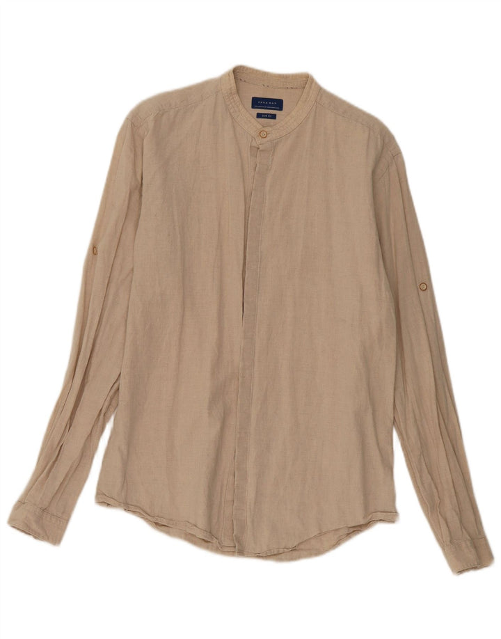 Zara Herren Slim Fit Hemd Mittelbeige Leinen