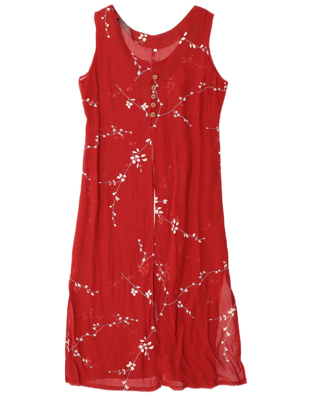 VINTAGE Damen Ärmelloses Maxikleid UK 14 Große rote Viskose mit Blumenmuster