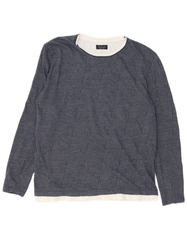 Zara Herren-Oberteil, langärmelig, groß, marineblau mit Hahnentrittmuster