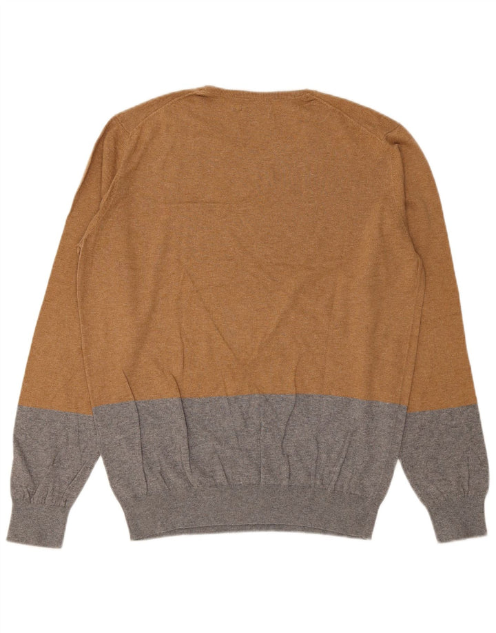 Massimo Dutti Herren-Pullover mit Rundhalsausschnitt aus mittelbrauner Colourblock-Baumwolle