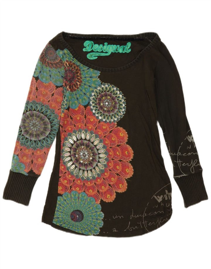 Desigual Damen Graphic Top Langarm UK 12 Medium Schwarz Blumenmuster