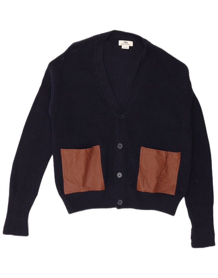 Zara Herren-Strickjacke, groß, marineblau, Colourblock-Baumwolle