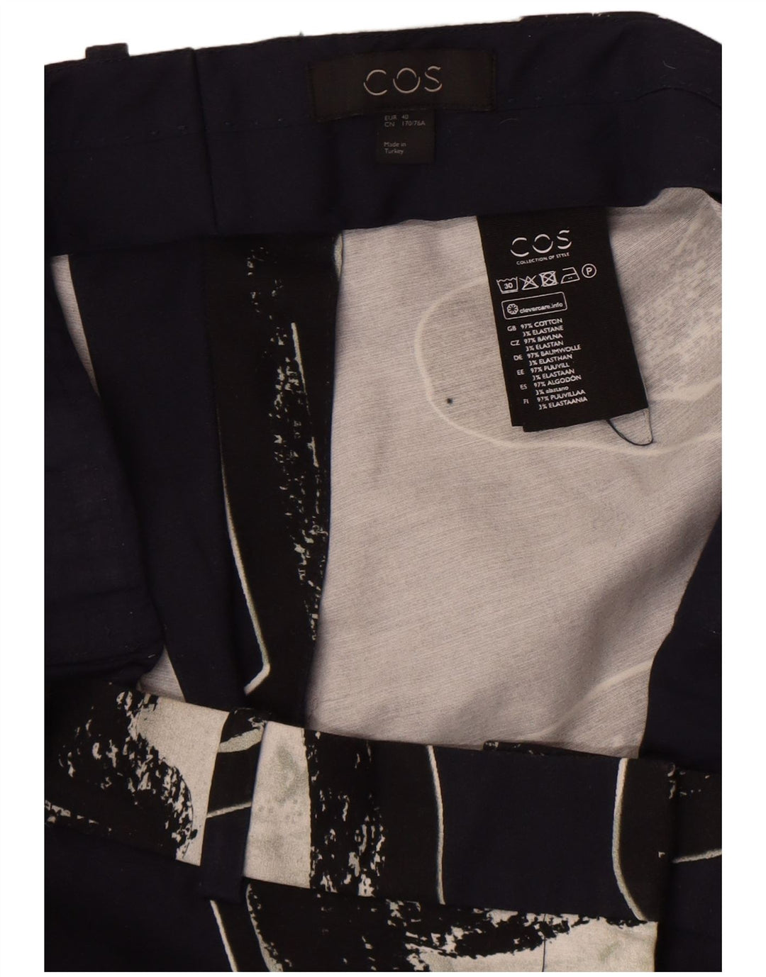 Cos Damen-Chinohose mit abstraktem Muster, EU 40, M, W34, L28, Marineblau