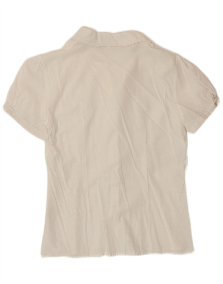 Benetton Damen-Hemdbluse mit Rüschen vorne, kurzärmlig, UK 12, Mittelweiß