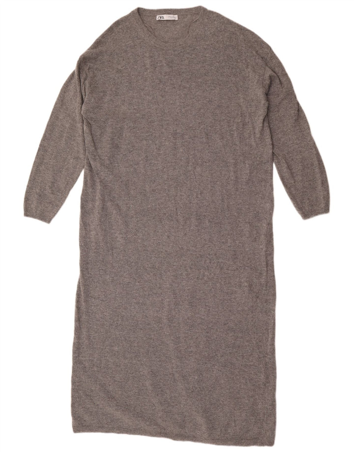 Zara Damen Maxi-Langarm-Pulloverkleid UK 14 Mittelgraue Wolle