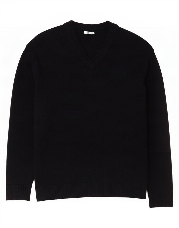 Zara Herren-Pullover mit V-Ausschnitt, groß, schwarze Baumwolle