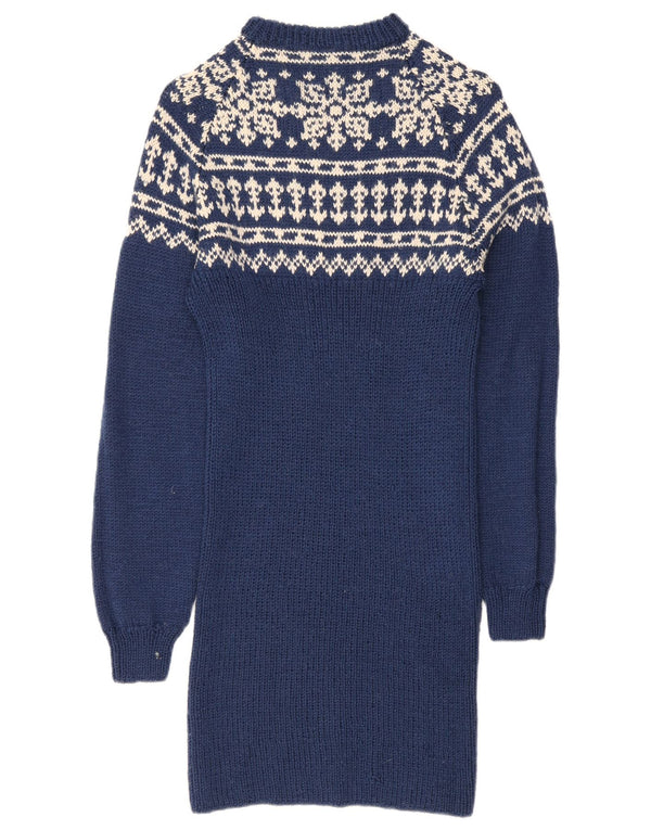 Vintage Damen Langarm-Pulloverkleid UK 10 Small Blue Fair Isle