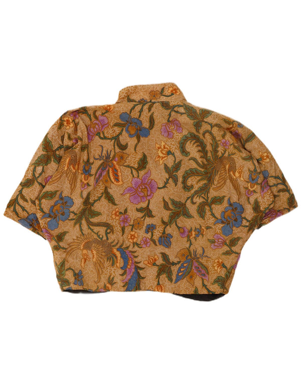 VINTAGE Damen Kurzarm-Bolero-Top UK 20 2XL Braun geblümte Baumwolle