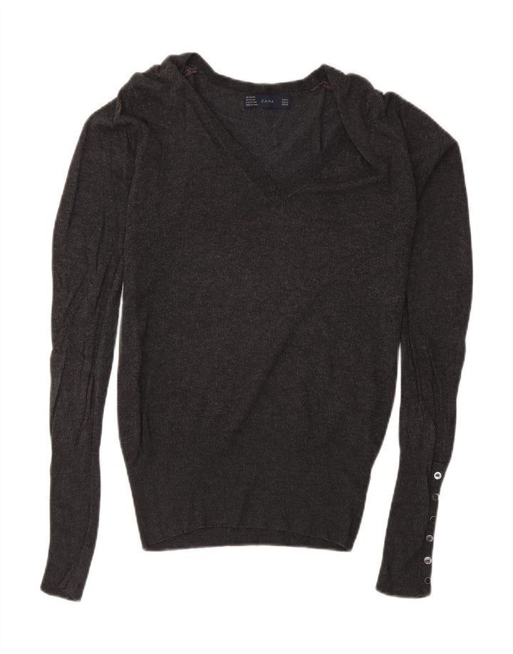 Zara Damen-Pullover mit V-Ausschnitt, Gr. 12, Mittelgrau gefleckter Viskose