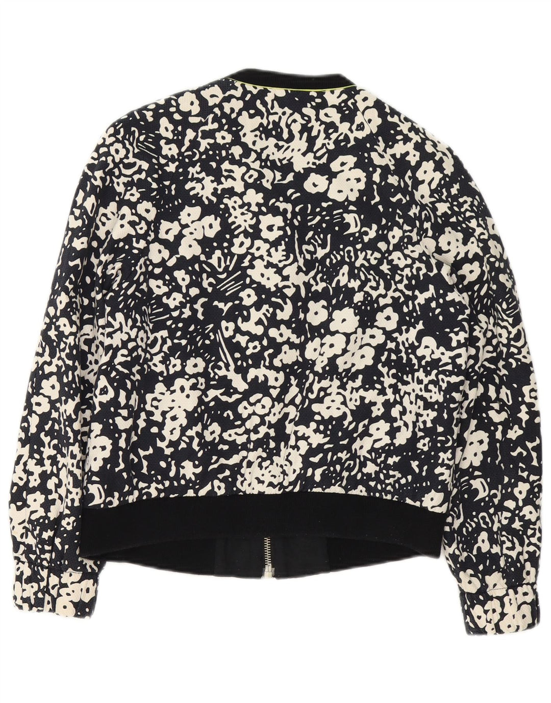 Zara Damen-Bomberjacke mit durchgehendem Reißverschluss, UK 14, mittlere schwarze Baumwolle mit Blumenmuster