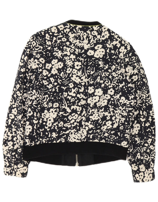 Zara Damen-Bomberjacke mit durchgehendem Reißverschluss, UK 14, mittlere schwarze Baumwolle mit Blumenmuster