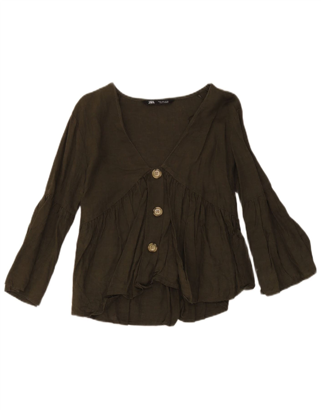 Zara Damen-Hemdbluse, Gr. 10, klein, grünes Leinen