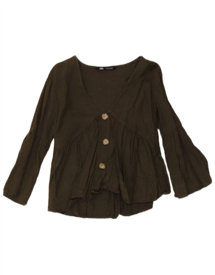 Zara Damen-Hemdbluse, Gr. 10, klein, grünes Leinen