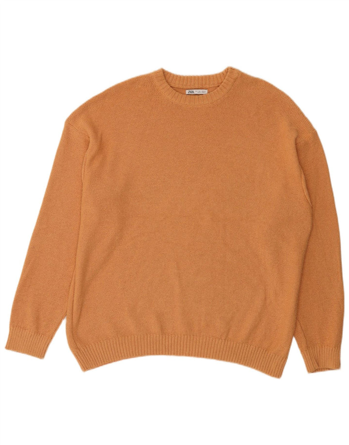 Zara Herren-Pullover mit Rundhalsausschnitt, groß, orangefarbene Baumwolle