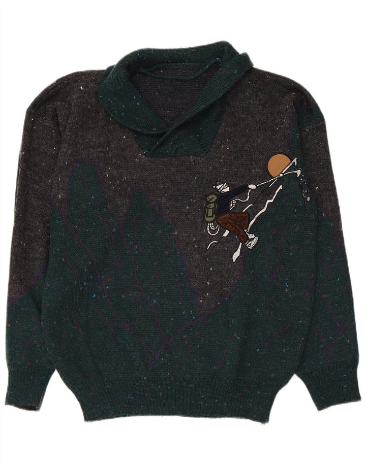 Vintage Herren-Pullover mit grafischem Schalkragen, mittelgroß, mehrfarbig gefleckt
