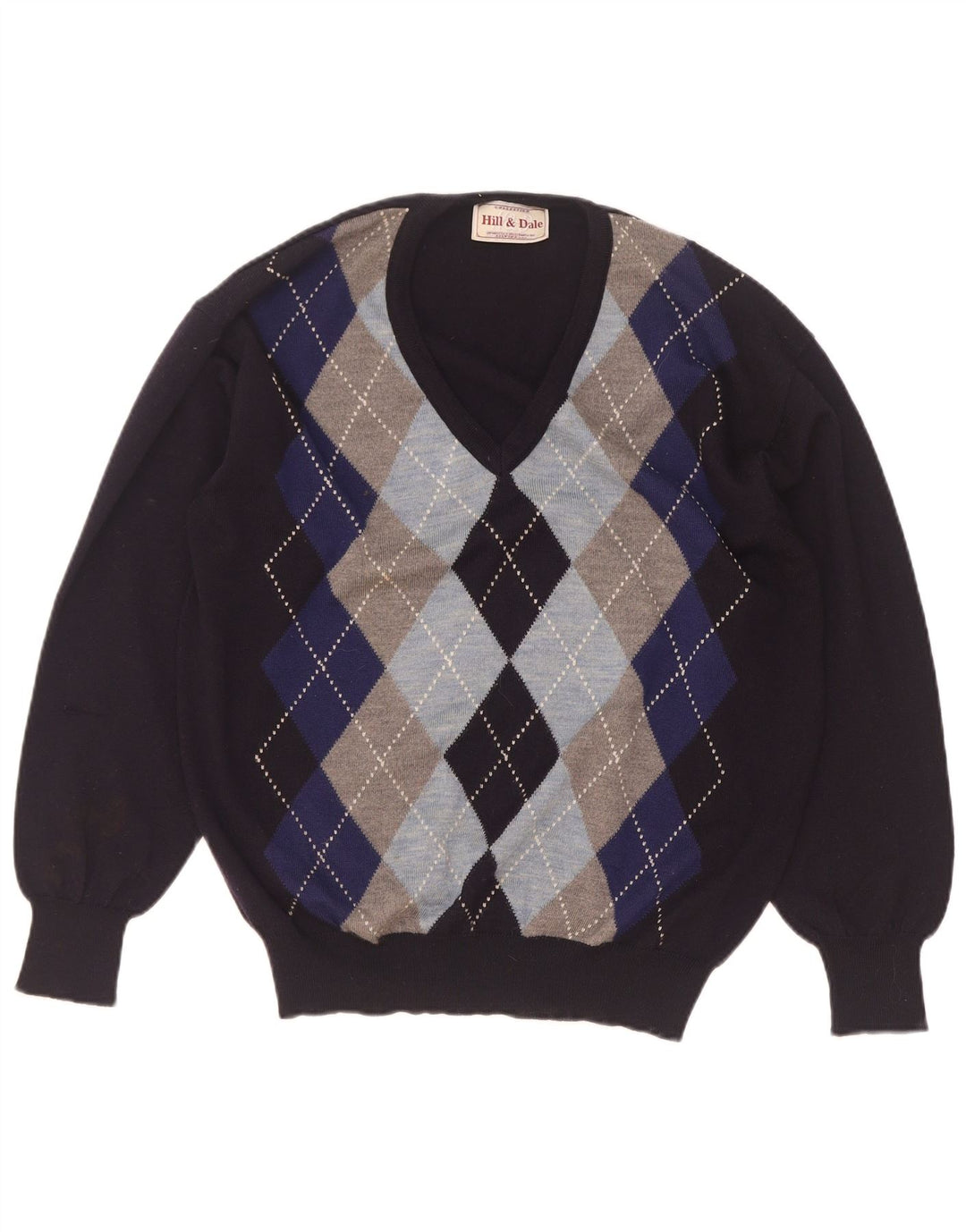 Vintage Herren Pullover mit V-Ausschnitt IT 48 Medium Navy Blue Argyle/Diamant