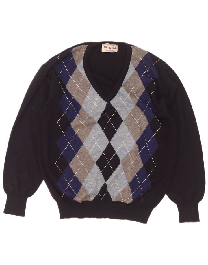 Vintage Herren Pullover mit V-Ausschnitt IT 48 Medium Navy Blue Argyle/Diamant