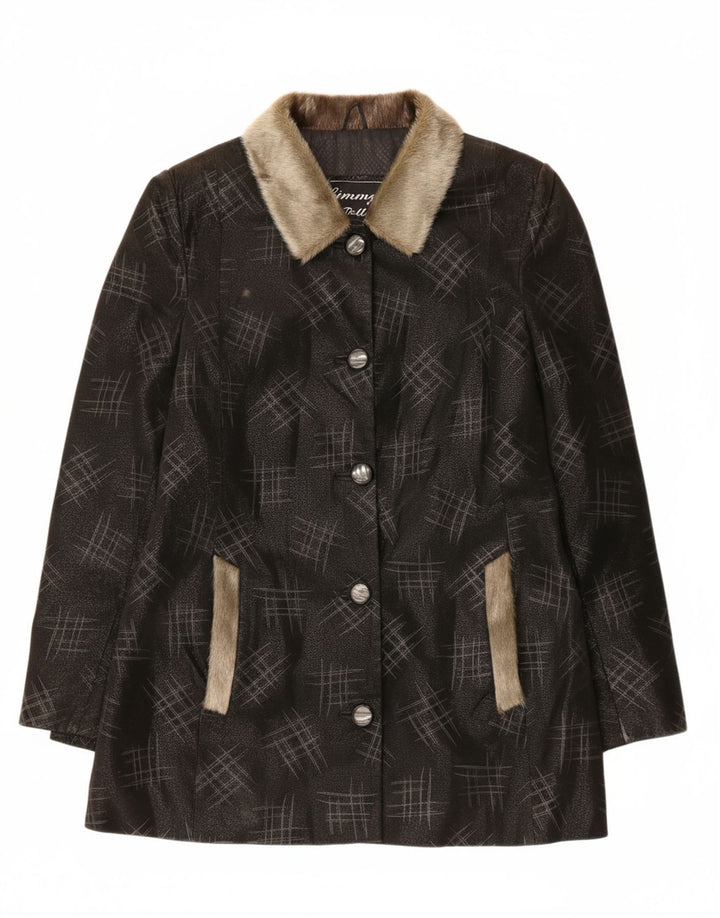 VINTAGE Womens Leather Coat UK 14 Medium Black Geometric Leather