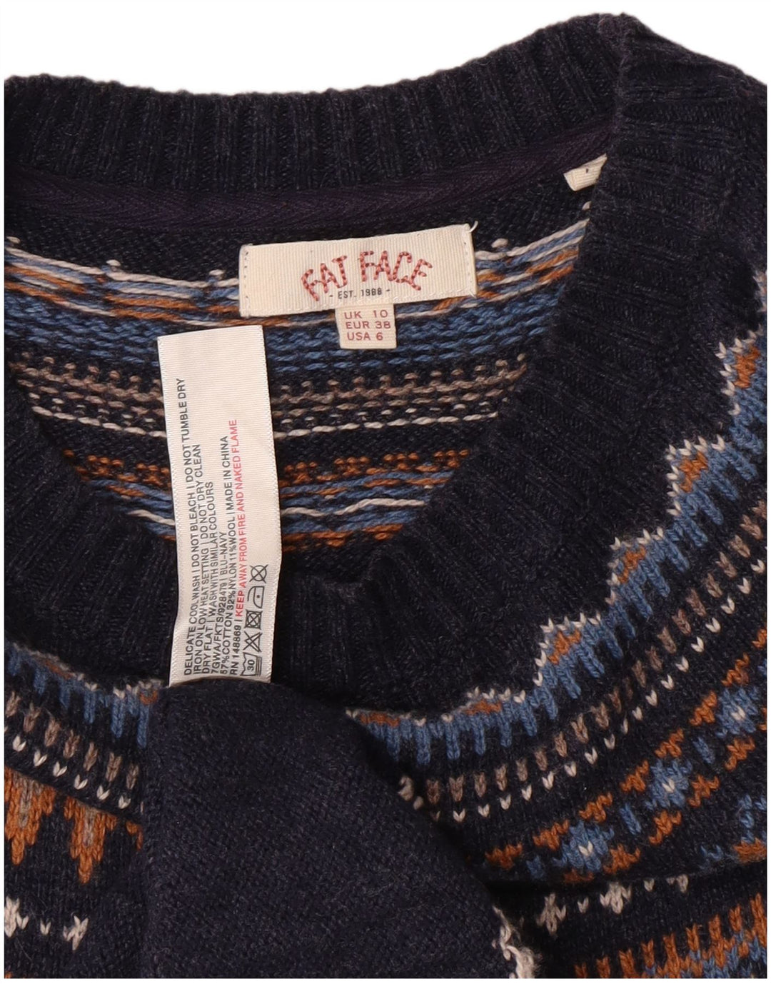 FAT FACE Damen Pulloverkleid UK 10 Small Marineblau Fair Isle Baumwolle