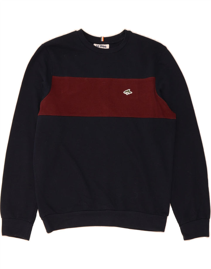 LE SHARK Mens Sweatshirt Jumper Small Navy Blue Colourblock Cotton Vintage Le Shark and Second-Hand Le Shark from Messina Hembry 