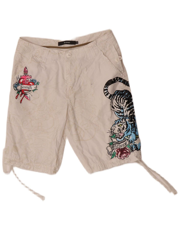 Desigual Herren Graphic Casual Shorts Small W30 Weiße Baumwolle mit Animal-Print