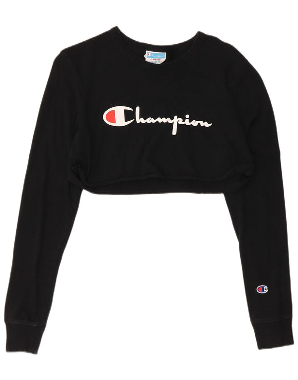 Champion Damen Crop Graphic Sweatshirt Pullover UK 6 XS Schwarz Baumwolle