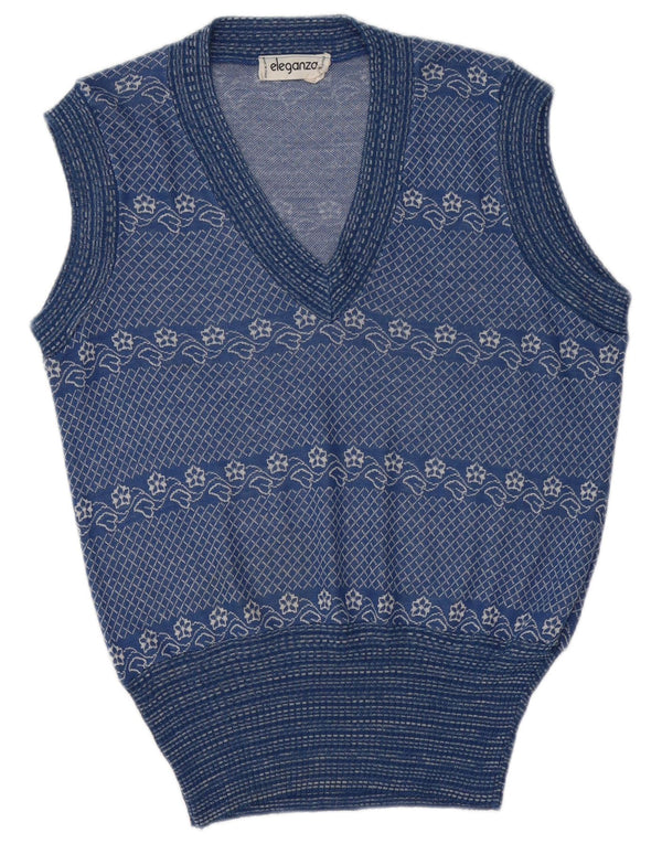 Vintage Herren Weste Tank Top Mittelblau Blumen Acryl