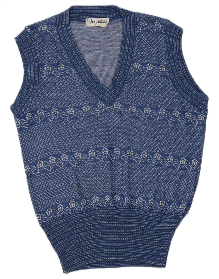 Vintage Herren Weste Tank Top Mittelblau Blumen Acryl
