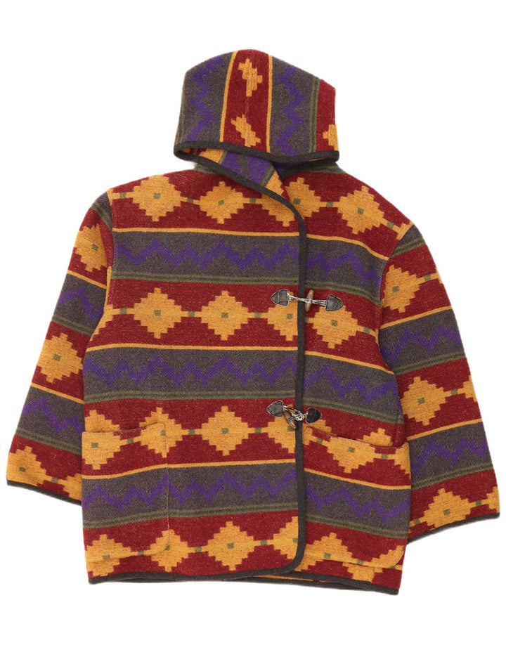 Vintage Damen Kapuzen-Dufflejacke UK 14 Groß Mehrfarbig Geometrisch