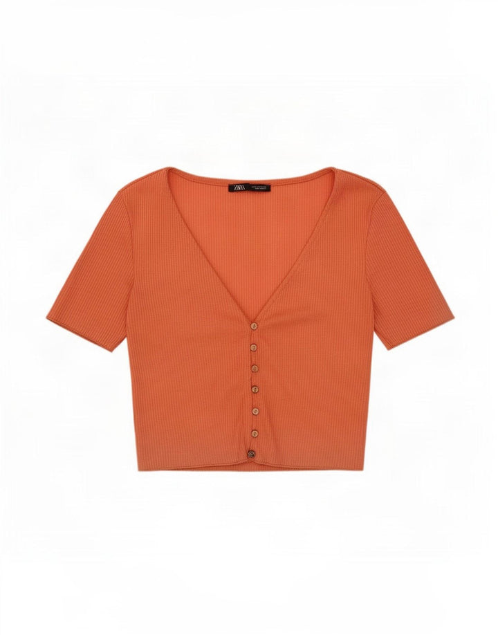 Zara Damen Kurzarm-Crop-Top UK 12 Mittelrosa