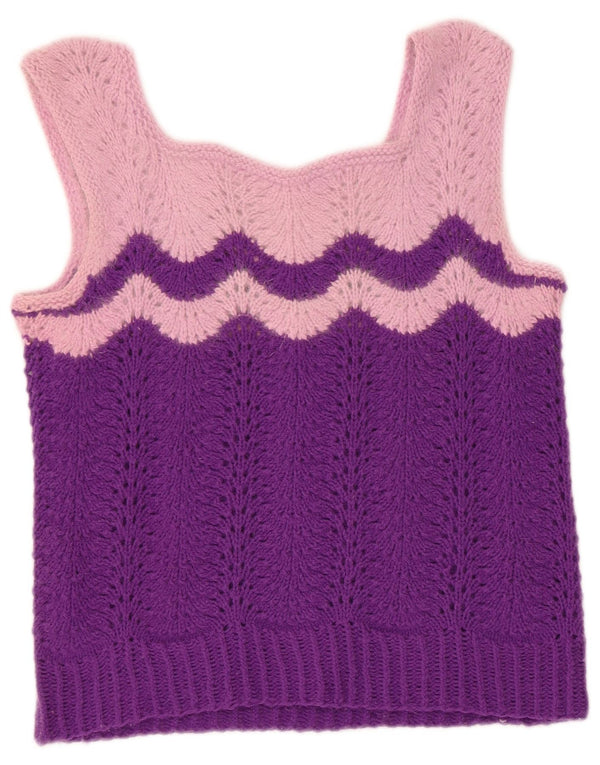Vintage Damen Ärmelloses Strickblusenoberteil UK 4 XS Lila Farbblock